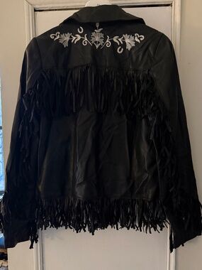 Black Leather Fringe Jacket with Embroidery